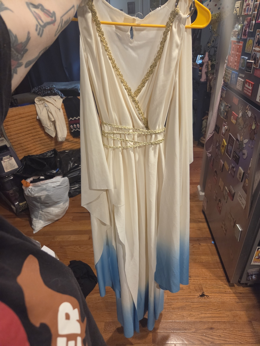 Ivory-to-Blue Ombre Goddess Maxi Dress with Gold Trim